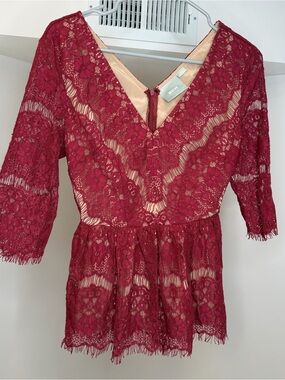 Maeve Anthropologie Lace V-Neck Peplum Top Burgandy